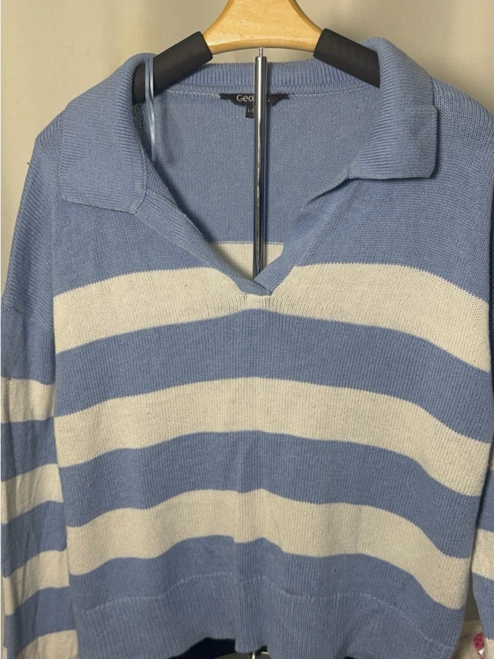 George Blue and Cream Striped V-Neck Polo Sweater